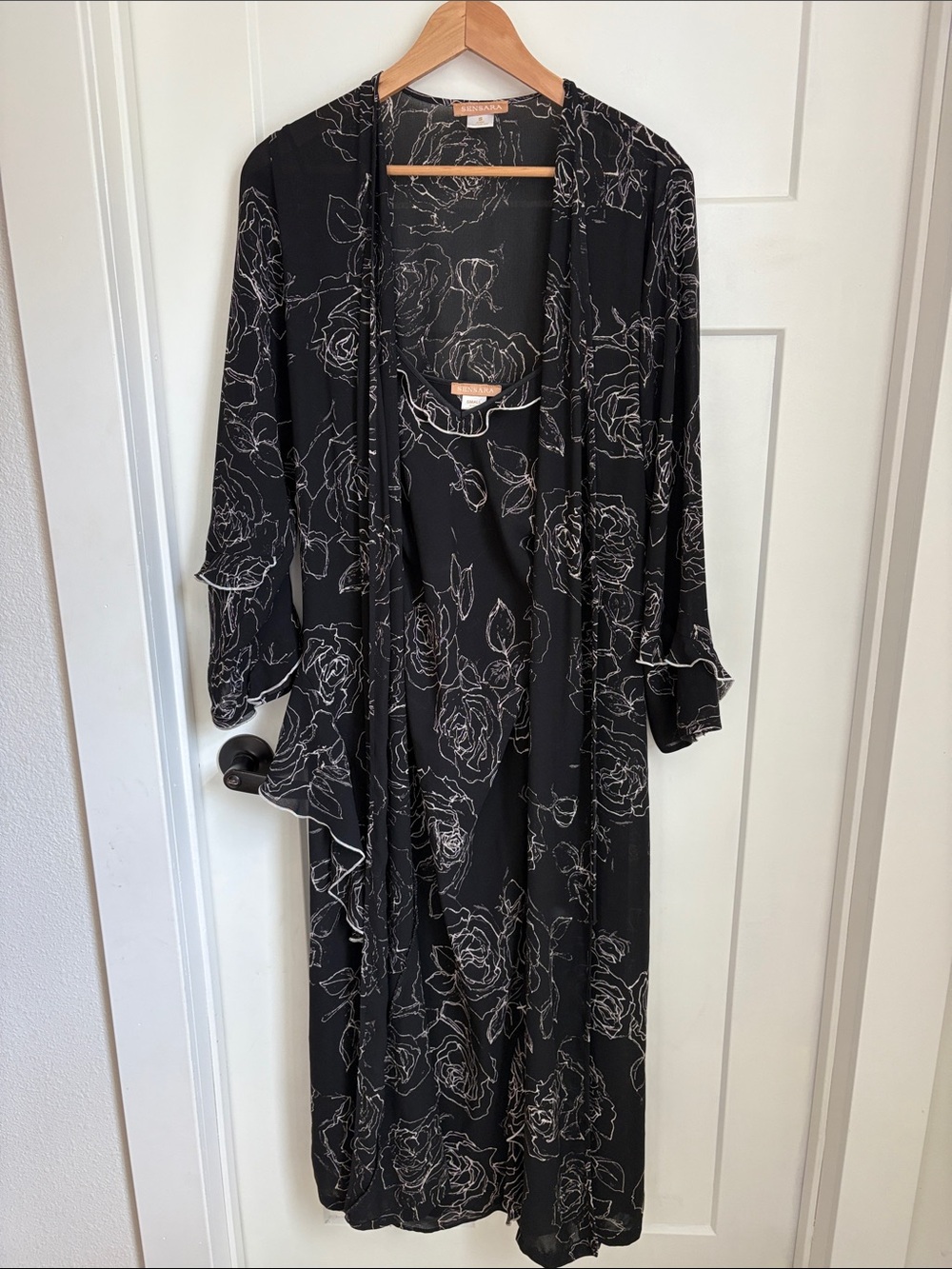 VTG Sensara 2pc Maxi Slip Dress & Sheer Duster Jacket Set Black